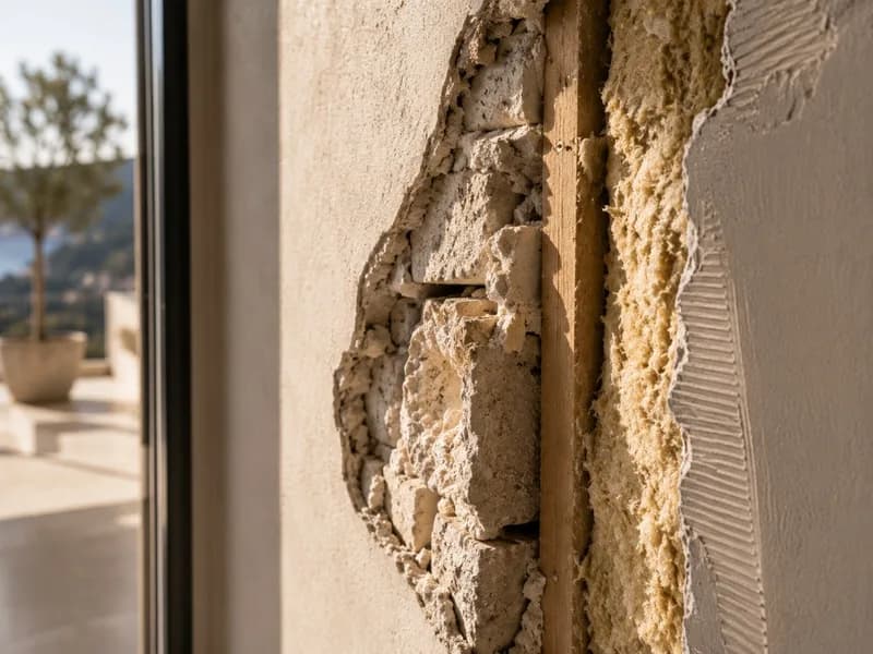 Mur ouvert laissant apparaître la structure derrière l'enduit