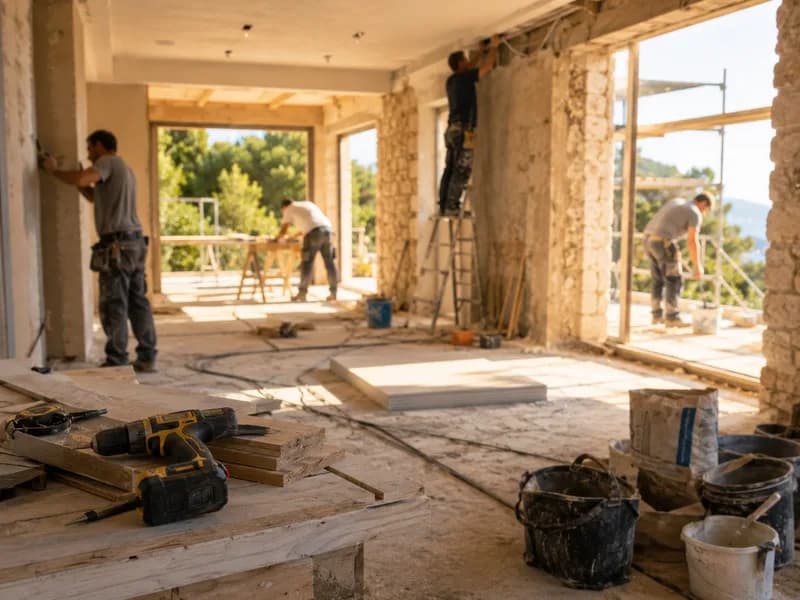 Plusieurs corps d'état au travail sur un chantier de rénovation