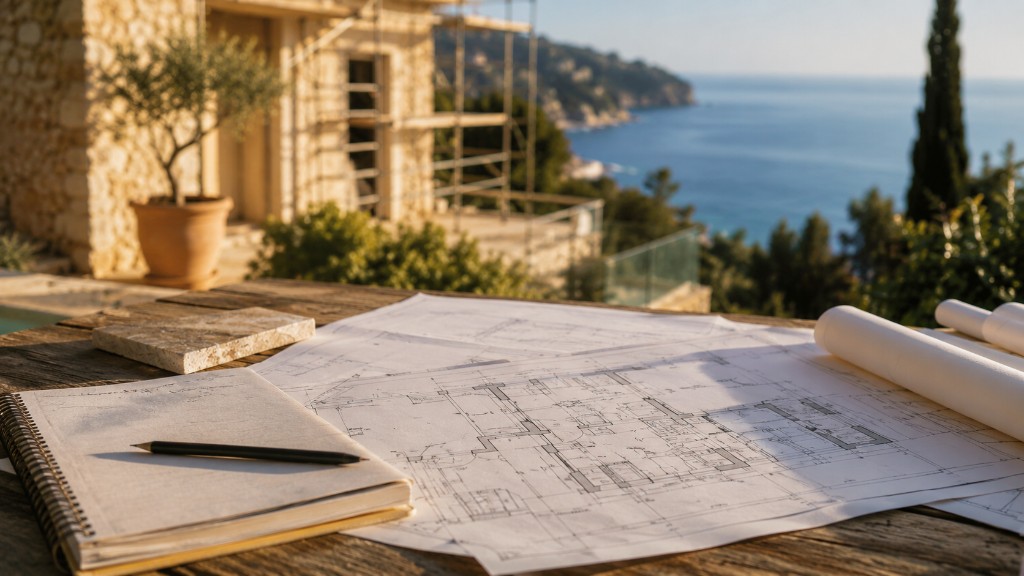 Plans de rénovation sur un chantier de villa sur la Côte d'Azur