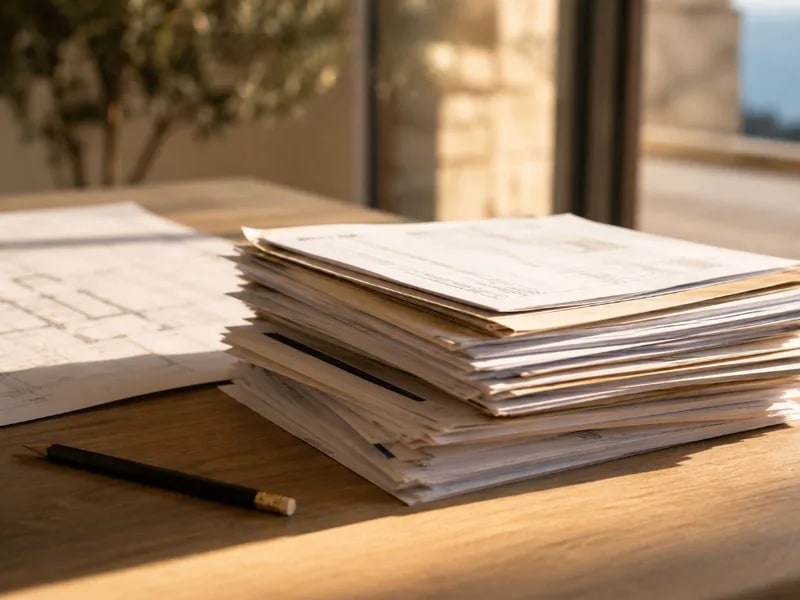 Plans, calculatrice et devis posés sur une table lors d'un chantier de rénovation