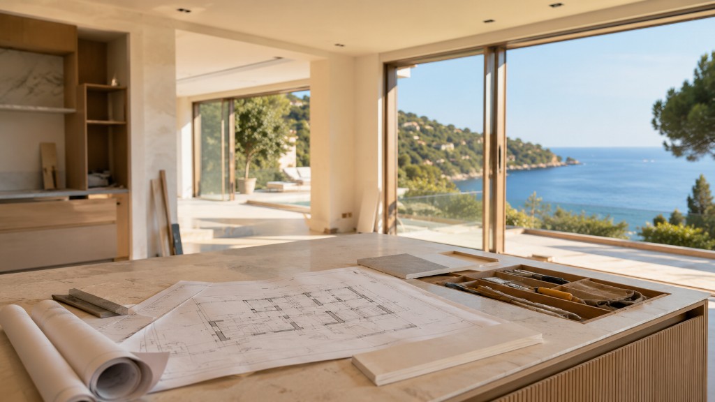 Plans et échantillons de matériaux pour une villa en rénovation sur la Côte d'Azur