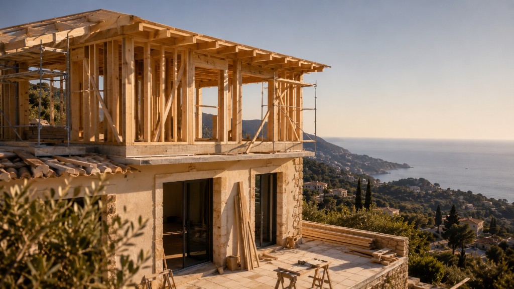 Surélévation en ossature bois d'une villa en pierre avec vue sur la Méditerranée