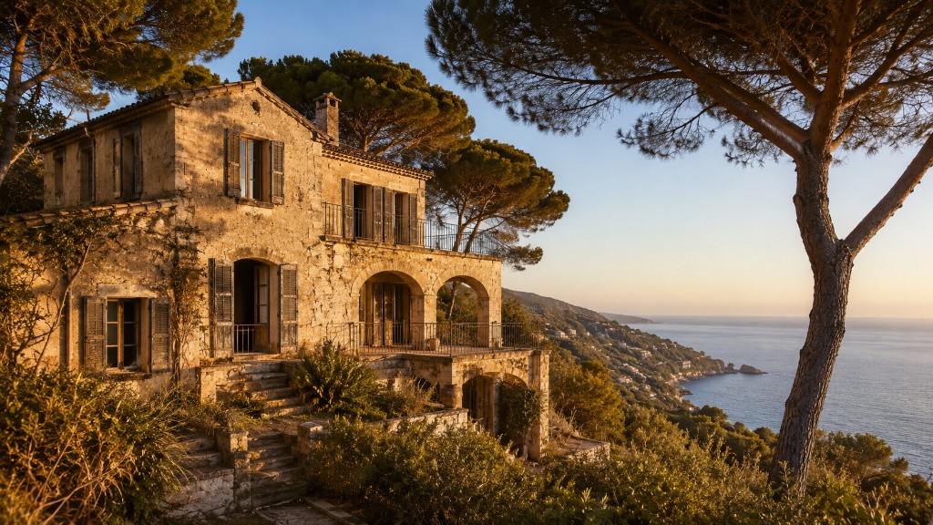 Villa en pierre sur les hauteurs de la Côte d'Azur, au coucher du soleil