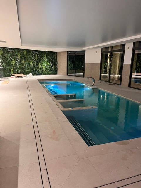 Piscine intérieure et mur végétal